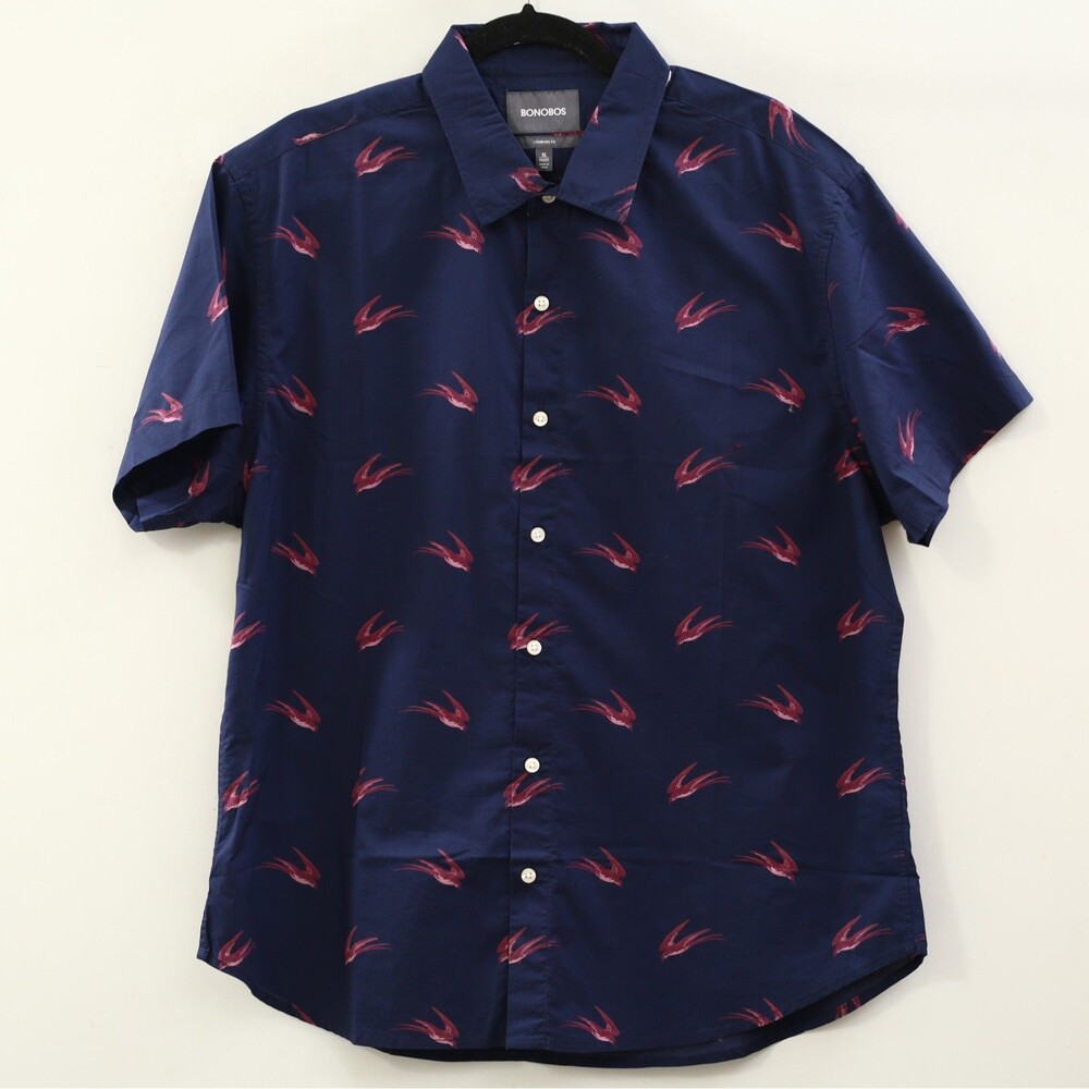 Bonobos Short Sleeve Men's Shirt Birds Print Blue Standard Fit Cotton XL 285977